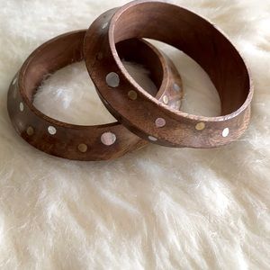 2 Wood Bracelets with Gold & Silver Dots